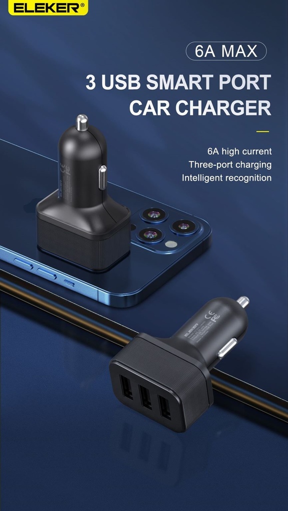 [5-A12]ELEKER Usb Car Charger 6.0A CC163-UA60 3 Usb Smart Port Black