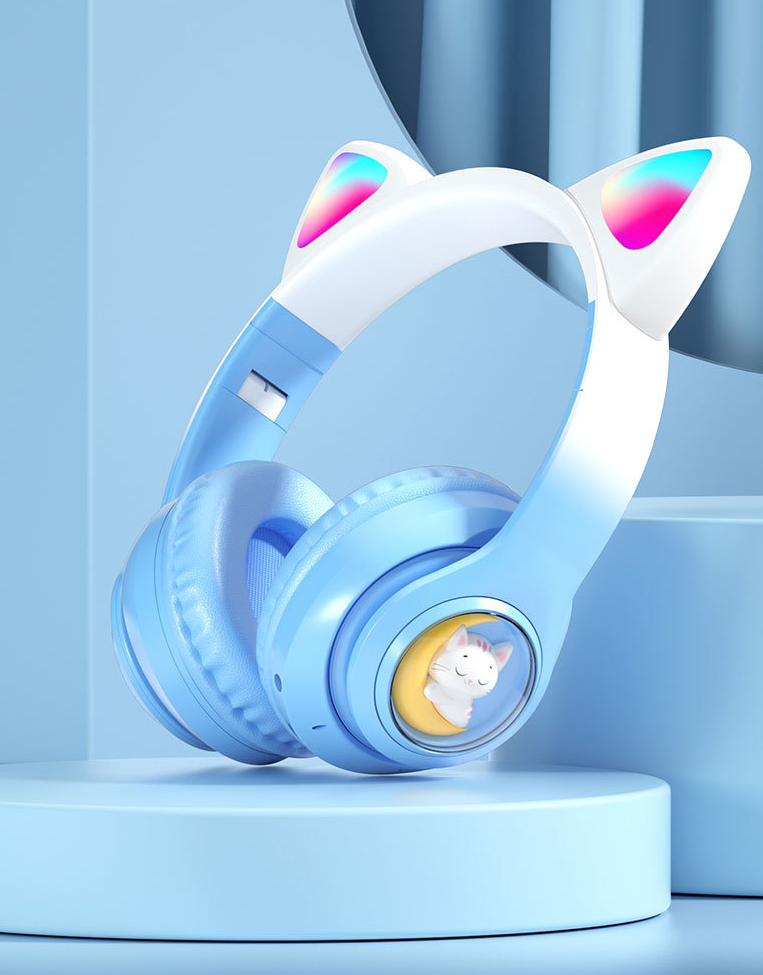 Blue Cat Ears Wireless Headset Stereo Bluetooth 5.0 RGB Soft Earmuffs MP3 Player Headphone for Mobile Phones Laptops Music Men Women