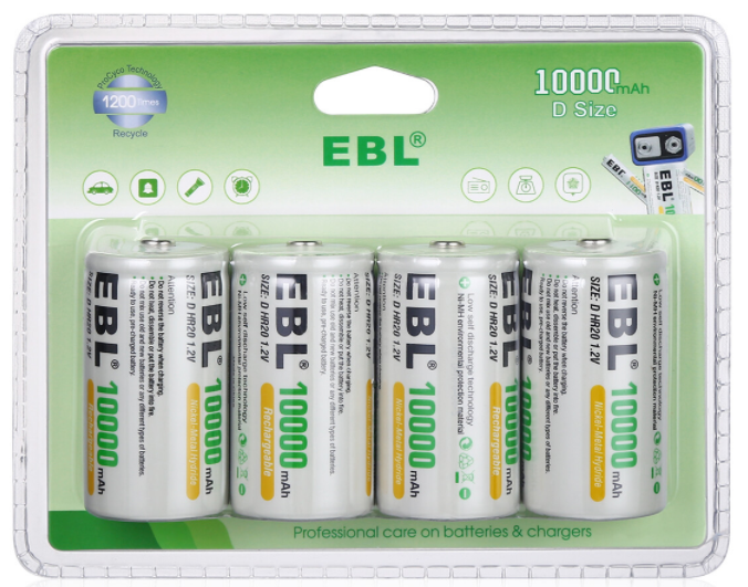 D Size 10000mAh Rechargeable Batteries 4 Pack EBL