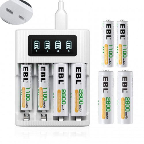 [I]EBL EB-64091222 LCD Battery Charger With Type C and Micro USB input and 4Pcs AAA 1100mah