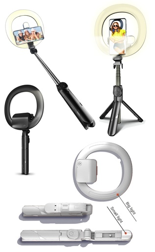 [E0550320003] Selfie stick tripod with a removable LED halo, suitable for self portrait or street broadcast 18cm Ring Light XT-18+ WHITE